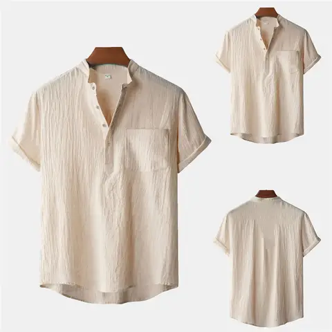 Camiseta de lino y algodón de verano para hombre, estilo playero, manga corta, cuello Henley, vacaciones, Hawaii, informal, ligera, transpirable, Tops acogedores