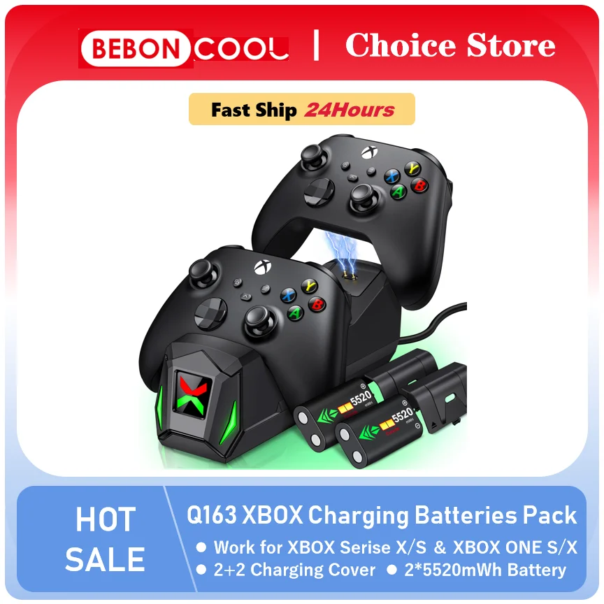 BEBONCOOL Q163 2X5520mWh Rechargeable Battery Pack For Xbox One X/S/Elite Xbox Series X/S Wireless Controller Dual Fast Charger