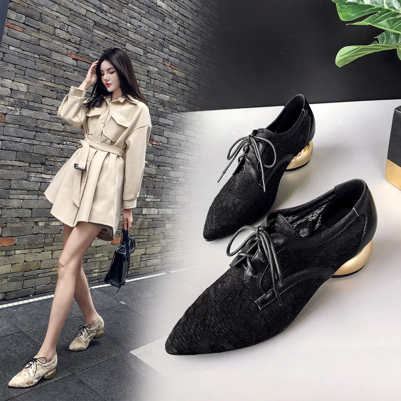 2024 Spring/Summer Women\'s New Pointed Mesh Hollow Leather Cowhide Gold Middle Heel Strap Breathable Single Shoes