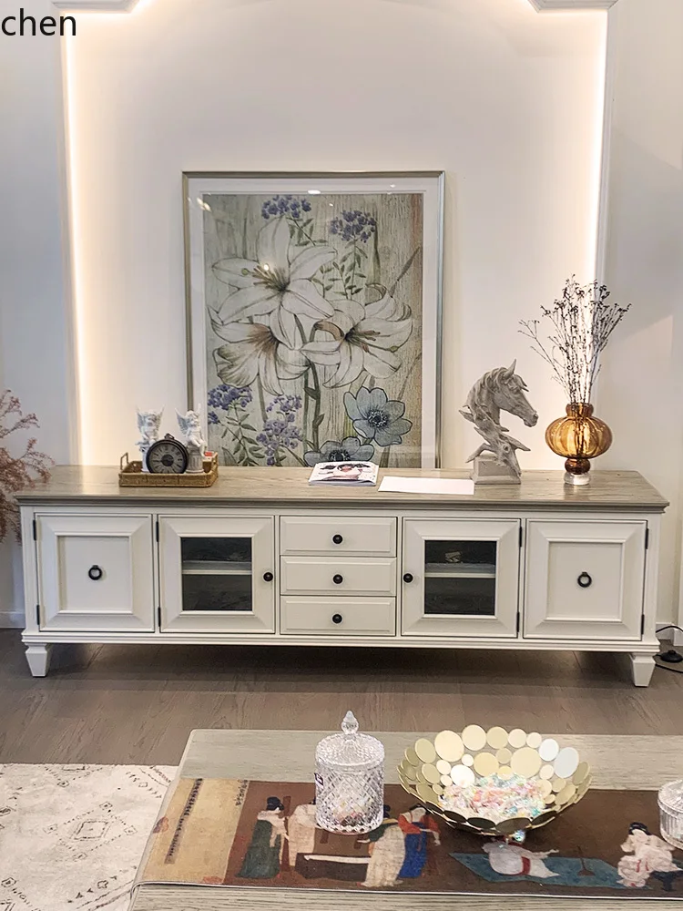 CZ American Style TV Cabinet Pure Solid Wood White Audiovisual Cabinet Mediterranean Living Room Furniture Coffee Table Set