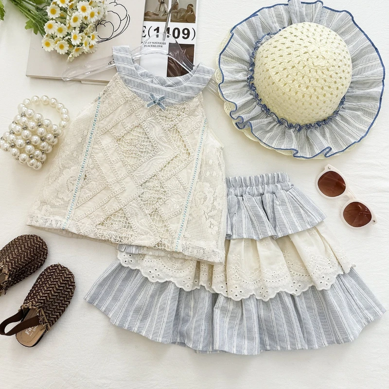 

2026 Summer New Hot Selling Hanging Neck Cotton Patchwork Lace Princess Style Vest and Skirt Two-piece Set