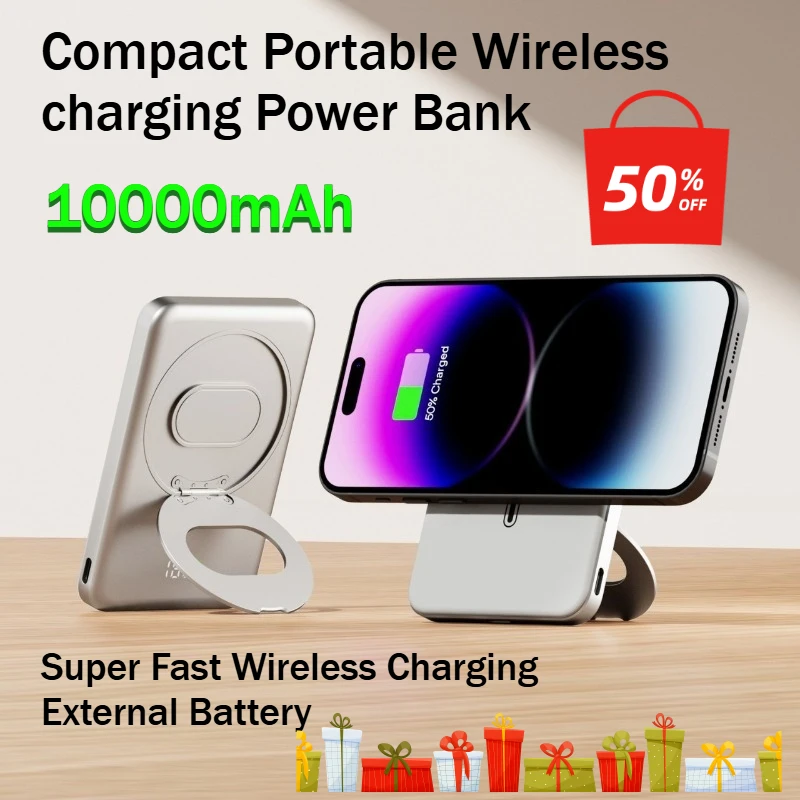 10000mAh Compact Portable Wireless Power Bank Super Fast Wireless Charging External Battery with Built‑in Stand ForMobile Phones
