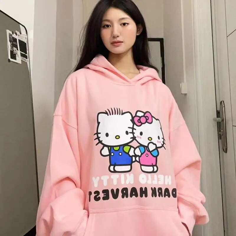 Y2K Pure Cotton Women Cartoon Plus Velvet Jacket Kawaii Kt Cat American Street Style Loose Hooded Sweatshirt Student Autumn Tops