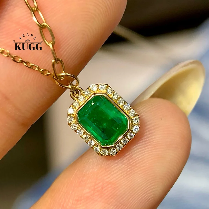 

KUGG 100% 18K Yellow Gold Necklace Luxury Design Shiny Diamond Natural Emerald Gemstone Necklace for Women High Party Jewelry