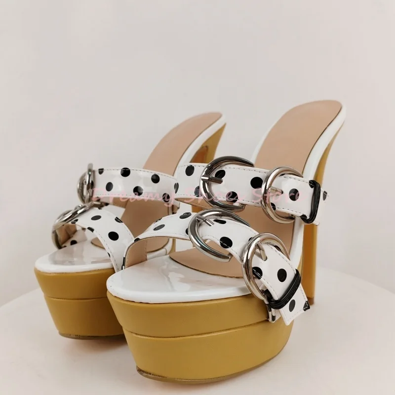 White Polka Dot Double Buckle Strap Platform Mules Slippers Women Open Toe Slip On High Heels Fashion Trendy Party Summer Shoes