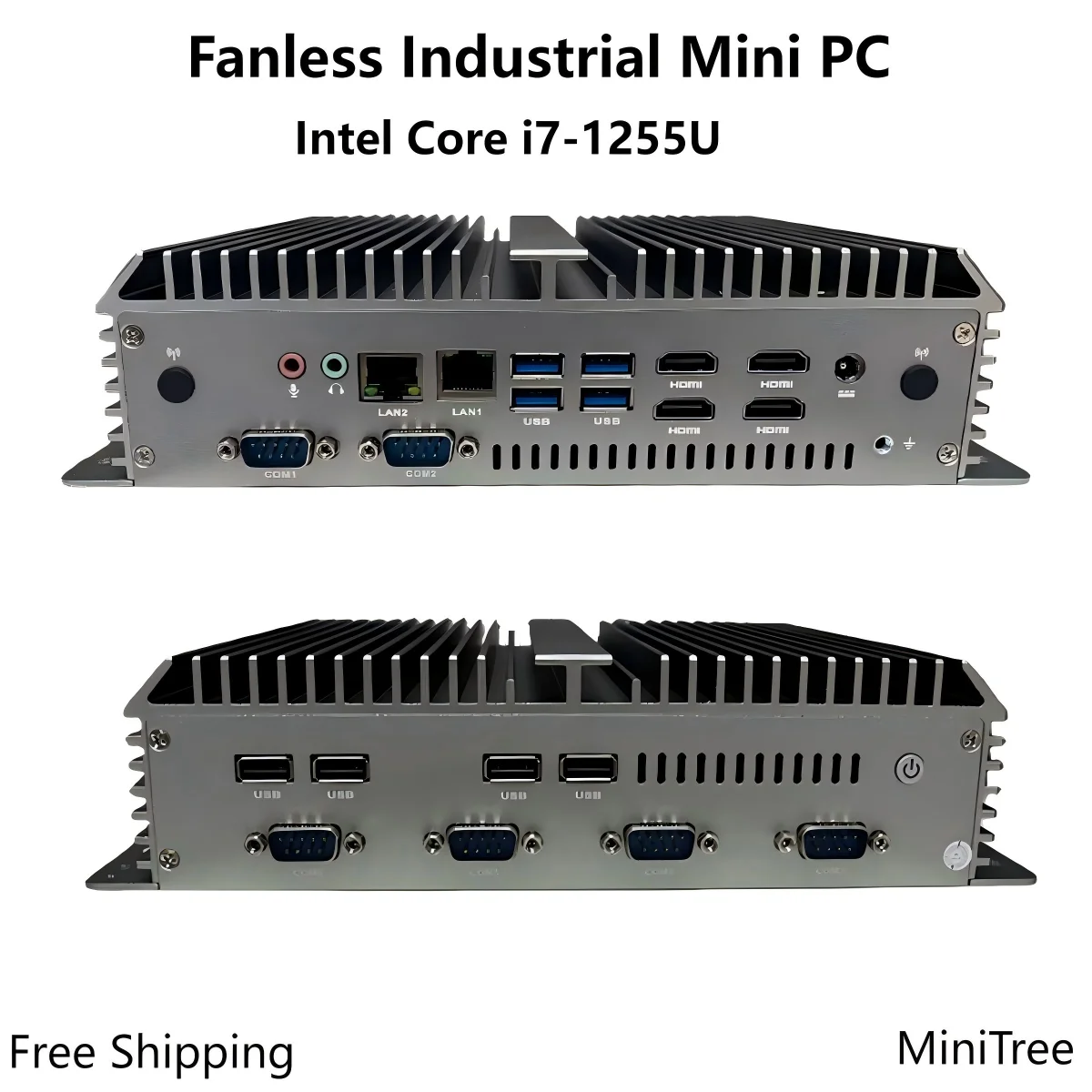 Mini PC Industri Tanpa Kipas 6-Port COM RS232 Intel Core i7 1255U RAM 8GB/16GB Dual LAN 4xHDMI Win11 Linux untuk Digital Signage IoT