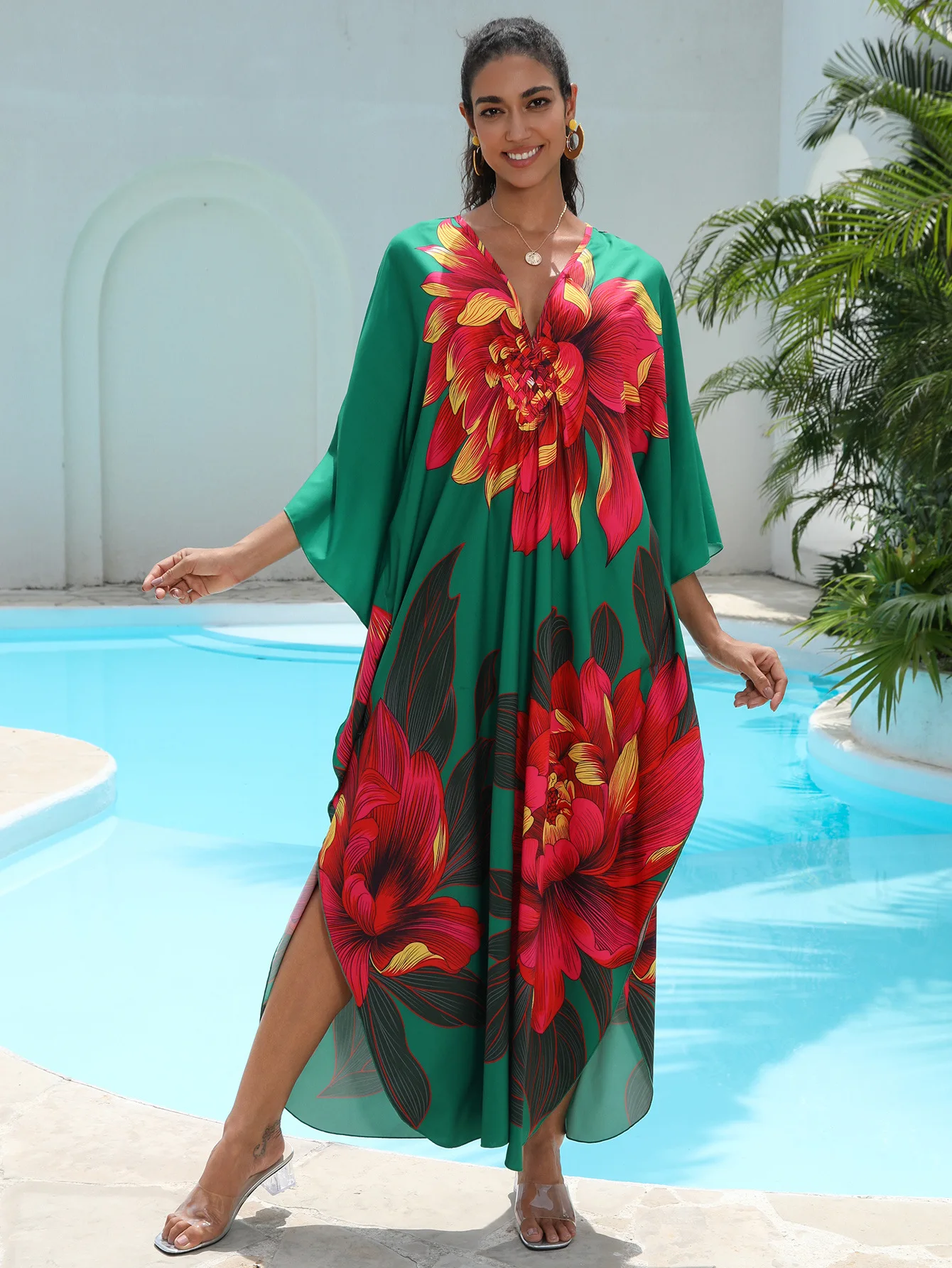 

Summer Kaftan Dresses for Women Plus Size Red Flowers Printed Cover Ups for Swimwear Beach Vacation Clothes Factory Supply