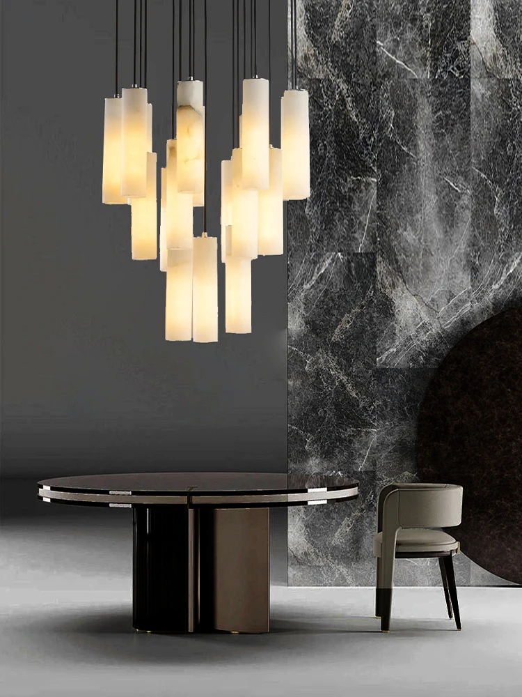 Modern High Ceiling Design Led Luxury Natural White Marble Pendant Lights Home Decor Lustres Staircase Hanging Lamp High-end