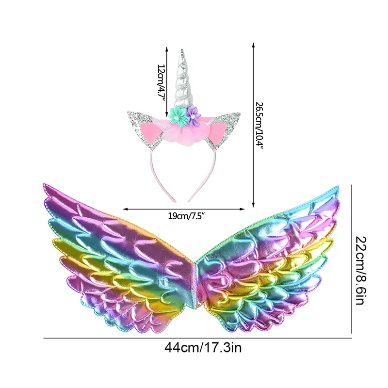 Rainbow Angel Wings Unicorn Headband Costume Hairband Set Unicorn Theme Girls Birthday Baby Shower Performance Decor Photo Props