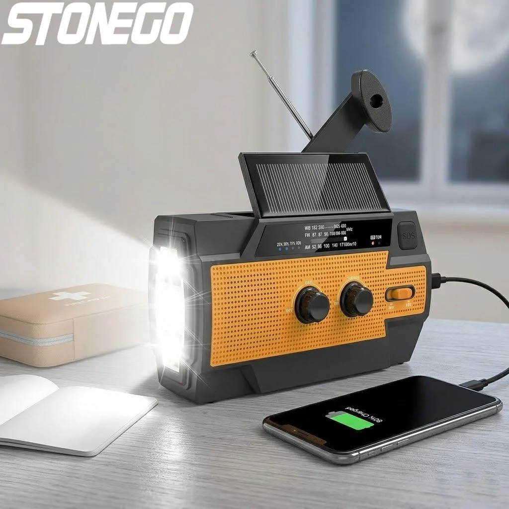 Rádio Meteorológico Portátil Solar com Manivela AM FM NOAA, Lanterna de 4000mAh, Carregador de Celular e Alarme de Emergência SOS
