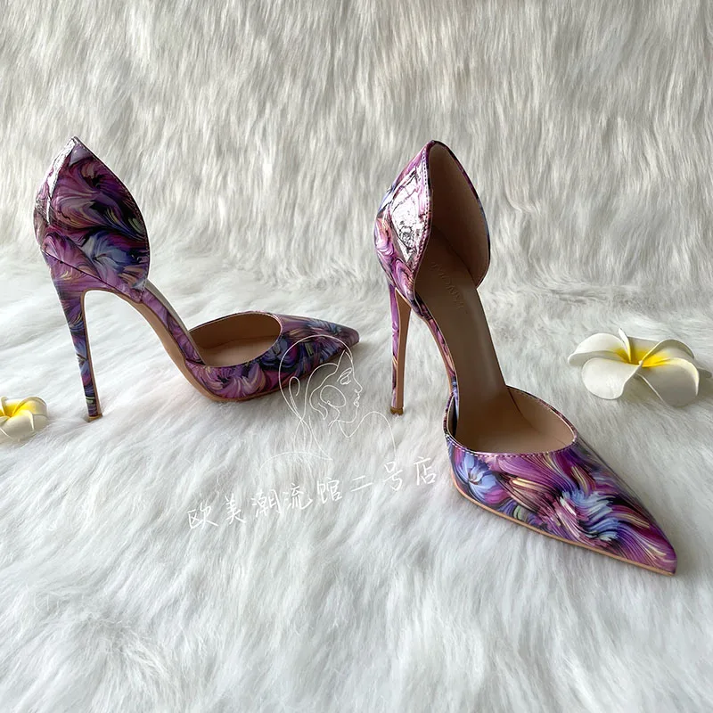 Free Shipping Elegant Purple Patent Leather Printed High Heel Women Lady D'orsay  Ladies Shoes Pump Designer Brand On Sale