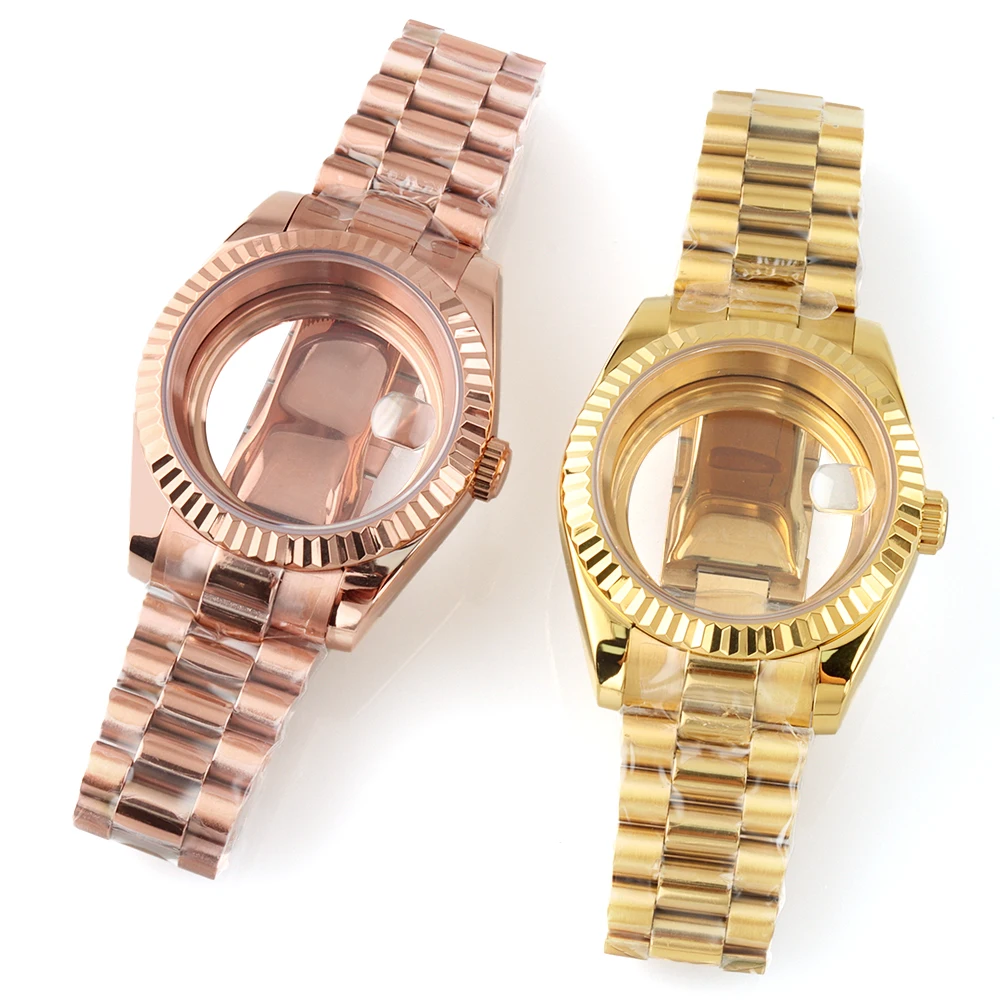 

36mm 39mm NH35 Men's Fashion Gold Watch Case Sapphire Fit Seiko NH35 NH36 Movement 28.5mm Dial Waterproof Presidential Strap