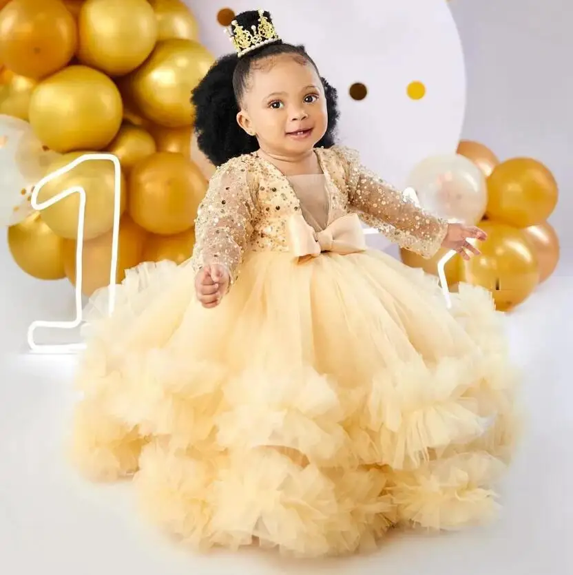 

Champagne Puffy Flower Girl Dresses V Neck Long Sleeves Sequined Lace Tiered Gowns Infant First Birthday Party Dress