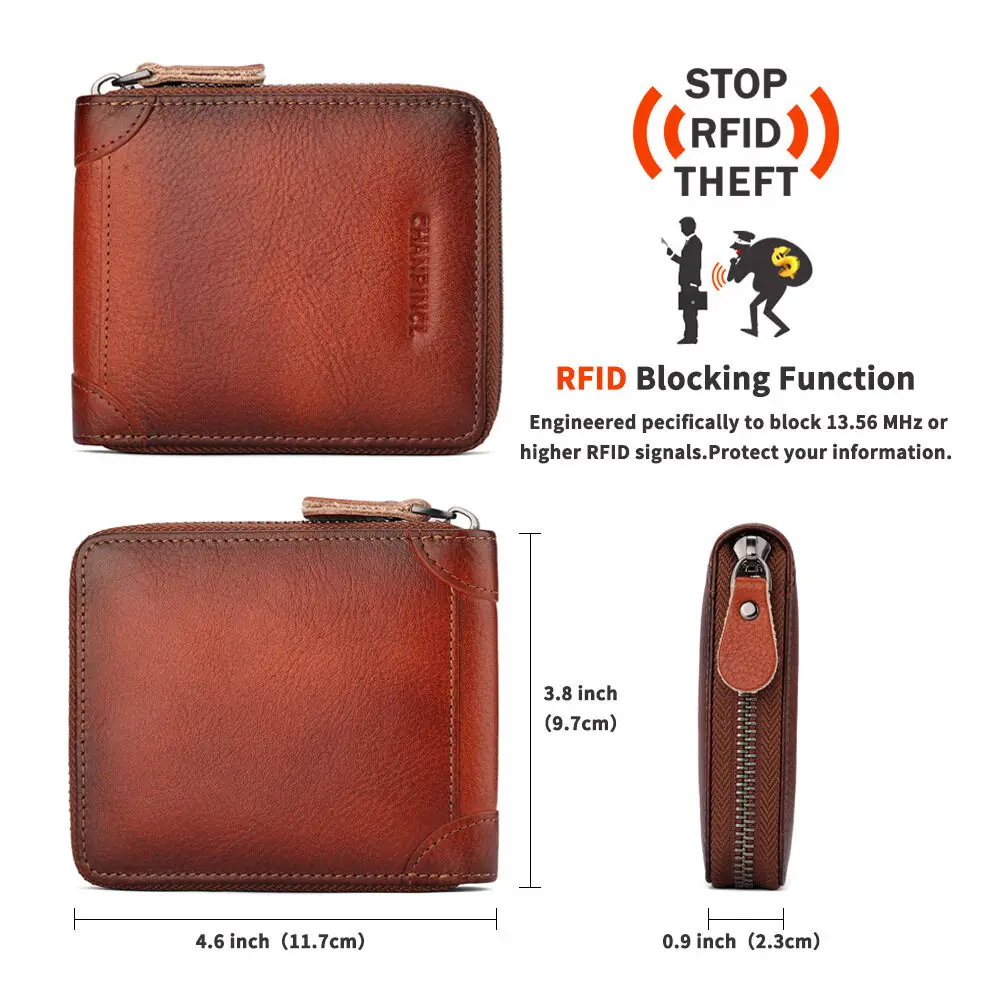 【Genuine Cow Leather】CHANPINCL Men's Wallet Vintage Luxury First Layer Cowhide Short Zipper Retro Male Card Holder