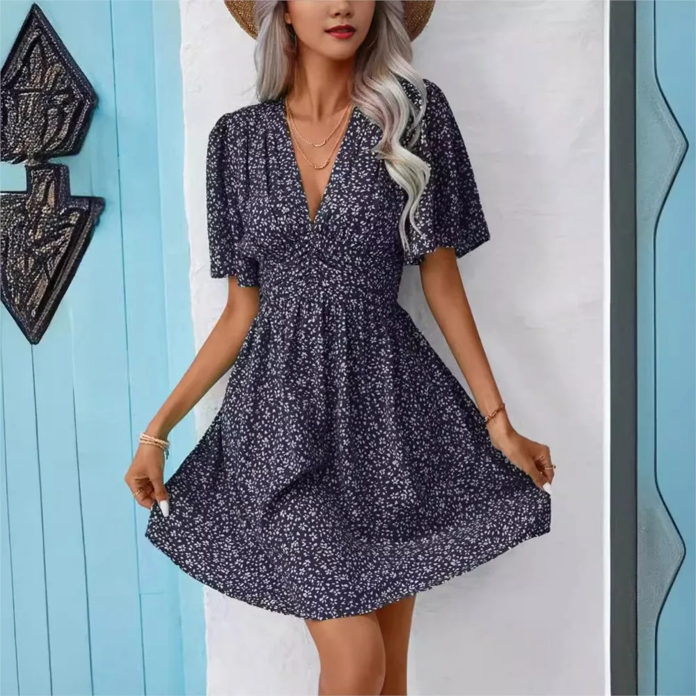 Fashion V Neck Mid Sleeve Printed High Waisted Floral Short Sleeved Women\'s Dresses EsSummer Simple Elegant Female Pleated Dress