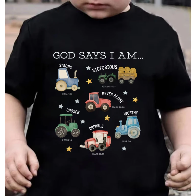 Christian Construction Vehicle Graphic Tshirts "God Says I Am Tractor" Kids T-Shirt Casual Christian Kids Top Toddler Faith Tee