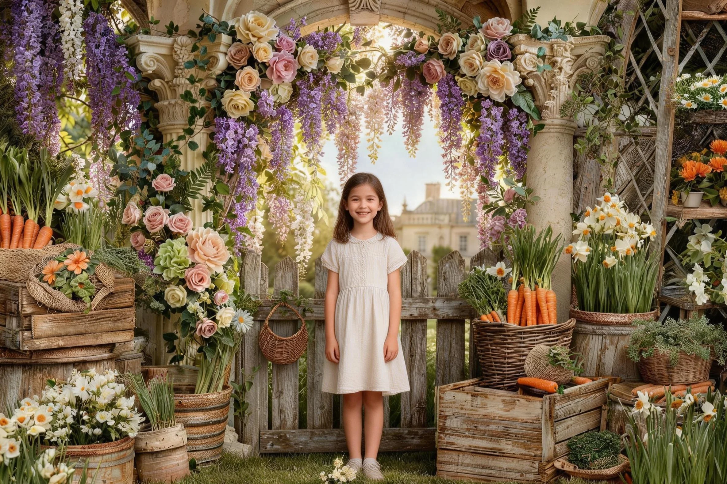 Easter Luxurious Stone Archway Scene Backgrounds Bunnies Pastel Eggs Roses Manor View Elegant Spring Shoots Backgrounds