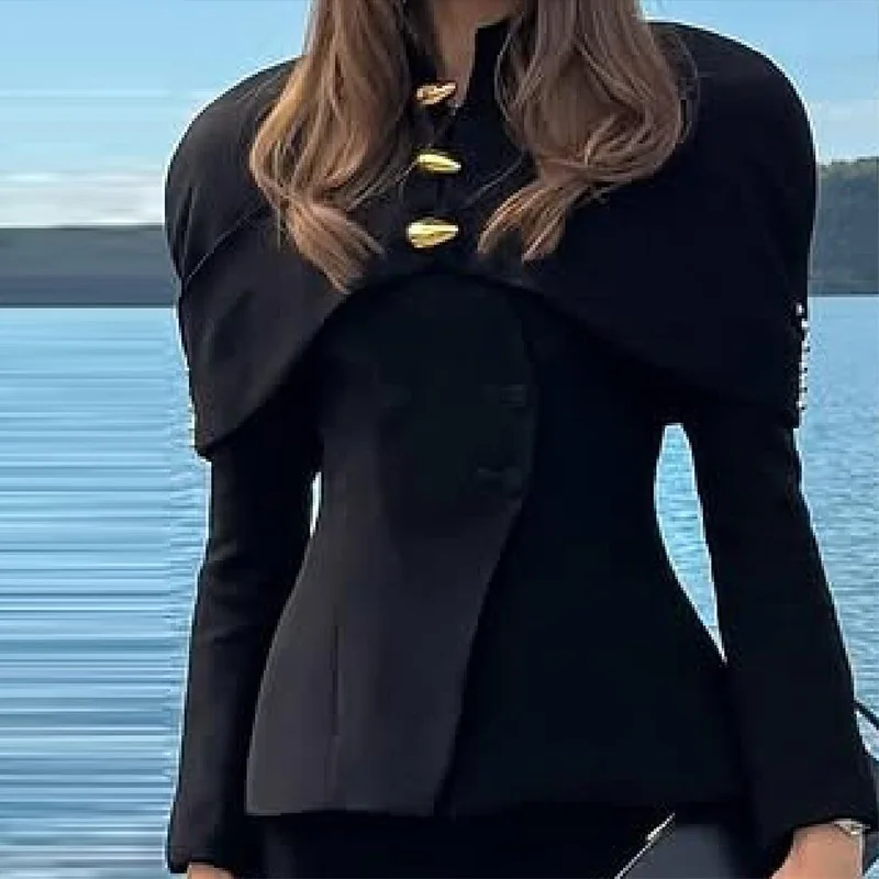 سترة نسائية أنيقة رائعة ببطانة الكتف 2025 جديد ركاب مكتب معدني بوتون القمم الخريف المرقعة سليم صالح الشارع الشهير #5