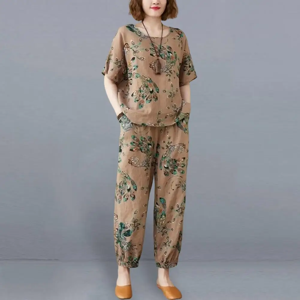 

Simple Top Pants Set Crew Neck Retro Outfit Elastic Waistband Mid-aged Women Peacock Printing Harem Pants Outfit Sportwear