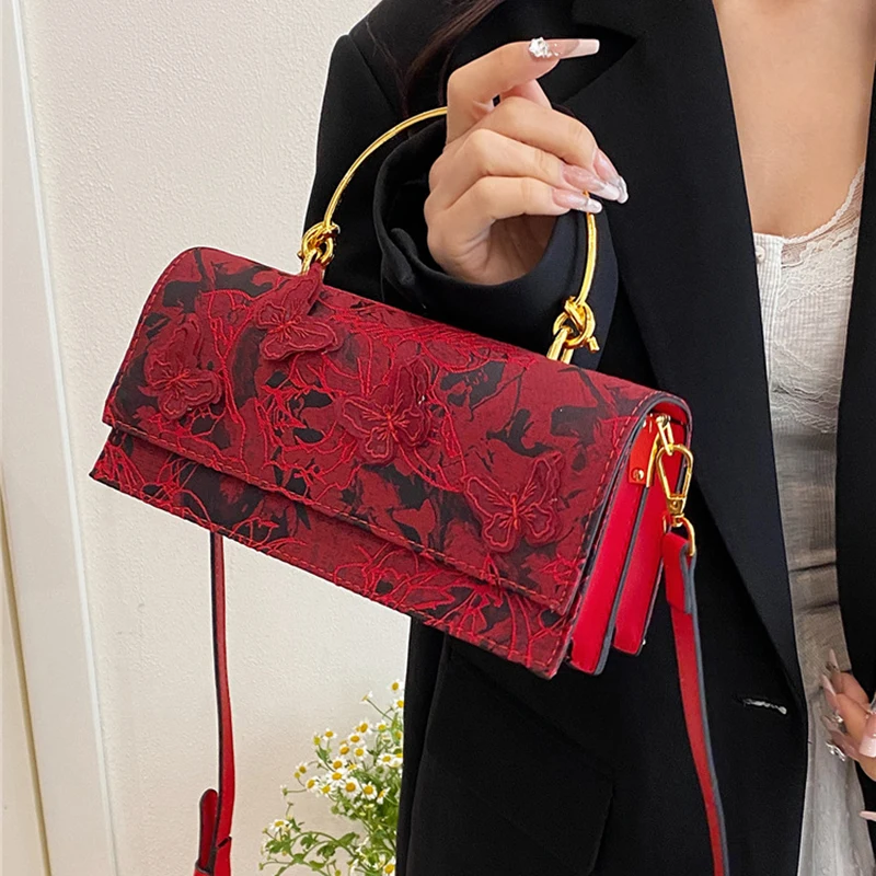 

Butterfly Appliques Lace Evening Bag For Women Embroidered Square Crossbody Bags French Elegant Fashion Golden Handle Handbags