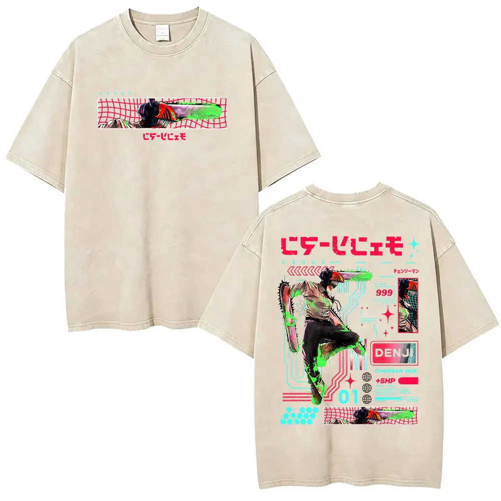 Hot Anime Chainsaw Man Denji Vintage Washed T Shirt Men Casual Fashion Oversized Cotton T-shirts Unisex Clothing Fashion T-shirt