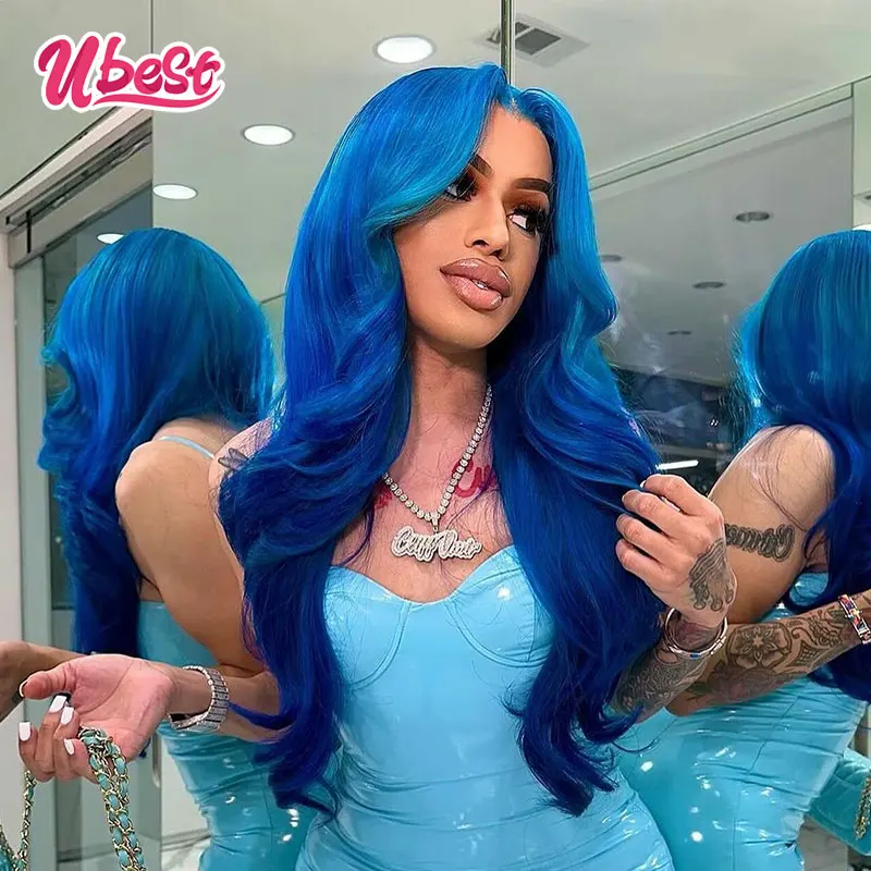 

Ubest 13X6 30inches Ombre Blue 613 Colored Body Wave Lace Front Human Hair 180％ Density Wig For Women Brazilian Hair Transparen