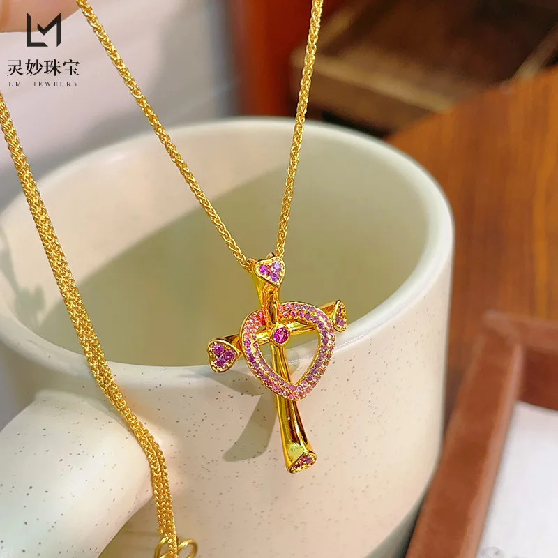 

Ancient method 24K real gold pink dot diamond love cross necklace glossy au999 pure gold clavicle chain sweet and exquisite gift