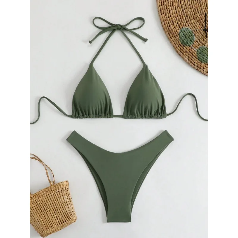 2025 feminino cor sólida halter tie bikini conjunto simples moda para praia maiô casual uso diário banho brasileiro