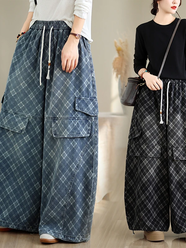 Retro New Chinese Style Washed Print Denim Wide Leg Pants Women's Loose plus Size Casual Slimming Skirt Pants Autumn 2026