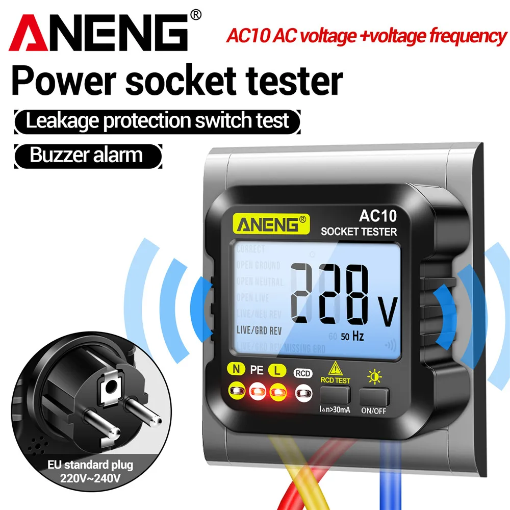 Socket Circuit Tester ANENG AC10 Digital Display Zero Fire Line Polarity Phase Check Detector US/EU Plug Buzzer Siren ANENG AC10