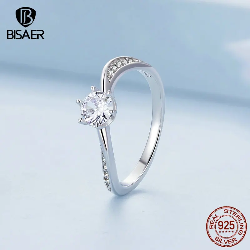 BISAER 100% 925 Sterling Silver Six Prong Zircon Ring Plated Platinum Promise Rings for Women Wedding Original Fine Jewelry Gift