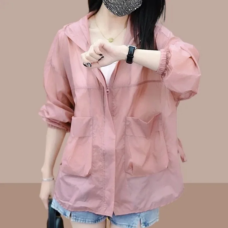 

Тонкая куртка с капюшоном, весна-лето, свободного кроя, женская повседневная верхняя одежда для защиты от солнца, элегантные куртки