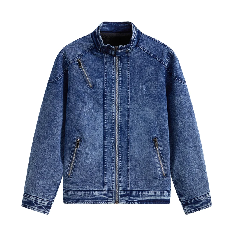 

New Denim Jacket Men's Fleece Velvet Military Cotton Jacket Casual Autumn Lapel Work Coat Retro Men Loose Stand Collar Jacket