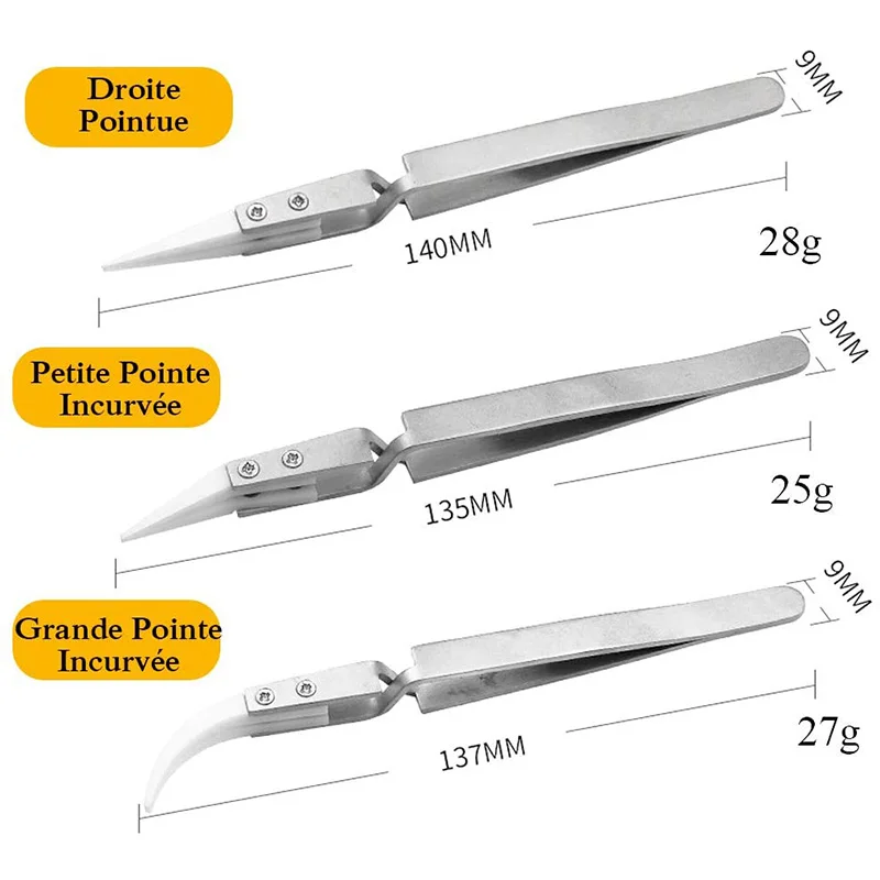 AT69 -3 Pack Antistatic Ceramic Tweezers Tweezers Inverted Tweezers Precision Heat Resistant Tweezers