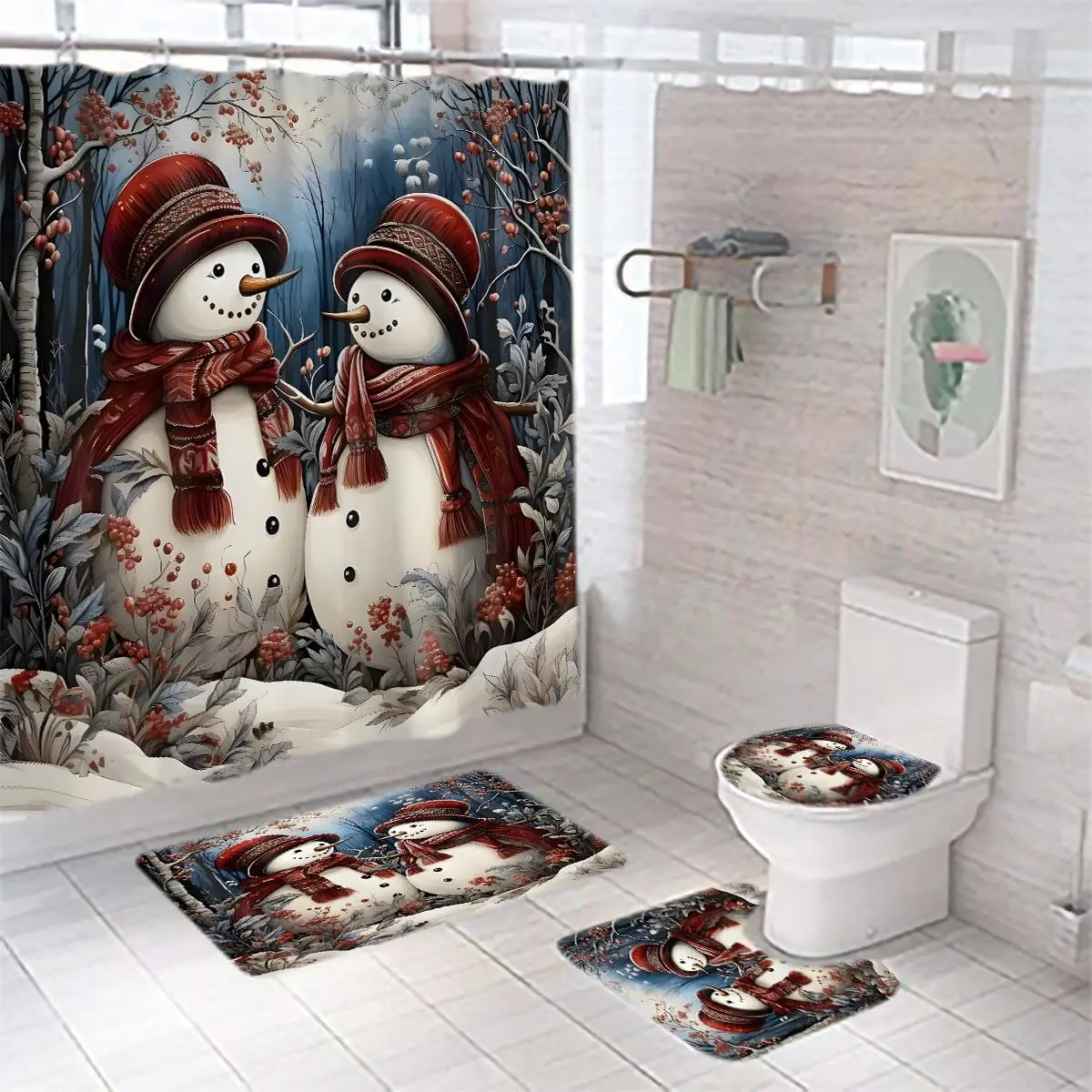 

Christmas Shower Curtain Set, New Year Snowman Home Décor, Snowy Winter Waterproof Bathtub Curtain, Kids Cute Merry Xmas Bath