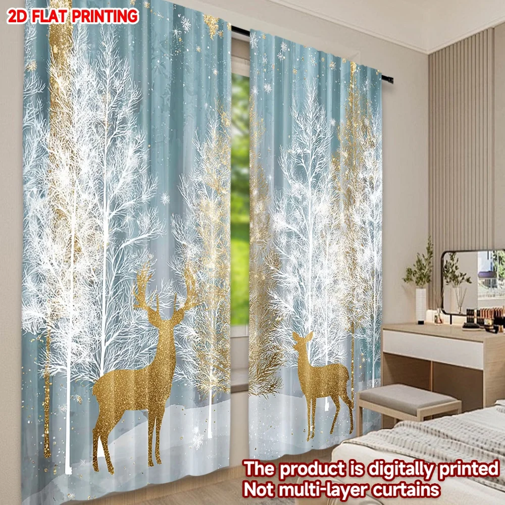 2D الطباعة المسطحة 2 قطعة ستائر الحفلات الثلج الذهب والأبيض الصنوبر الغزلان عيد الميلاد الرقمية المطبوعة البوليستر الستائر كل موسم #6