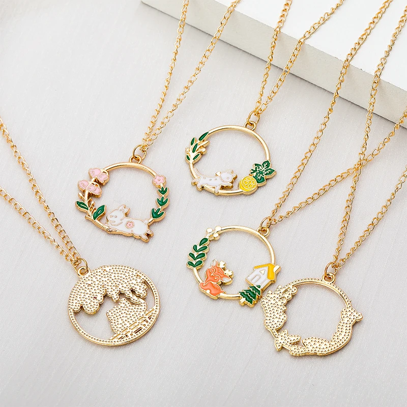 Cute Cartoon Necklace Sakura Bunny Cat Panda Hollow Fashion Creative Garland Pendant Ladies Girls Jewelry Accessories DIY Gift