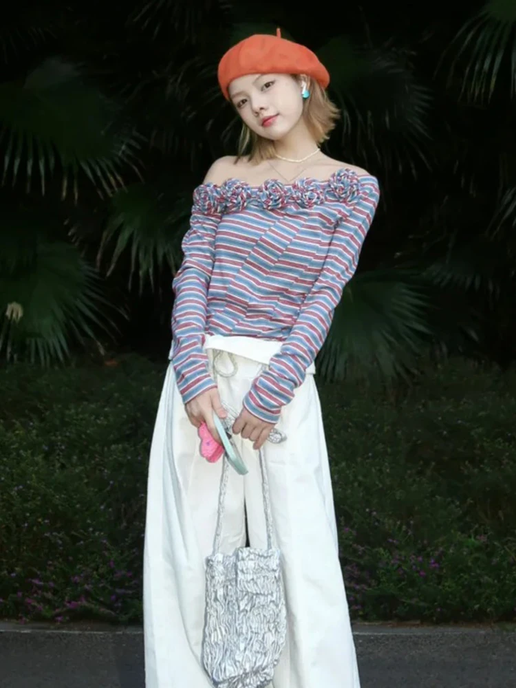 

Slim Fit Striped Long Sve oulder Bared T-irt for plus Size Women Early Spring Faion Casual Comfortable Top