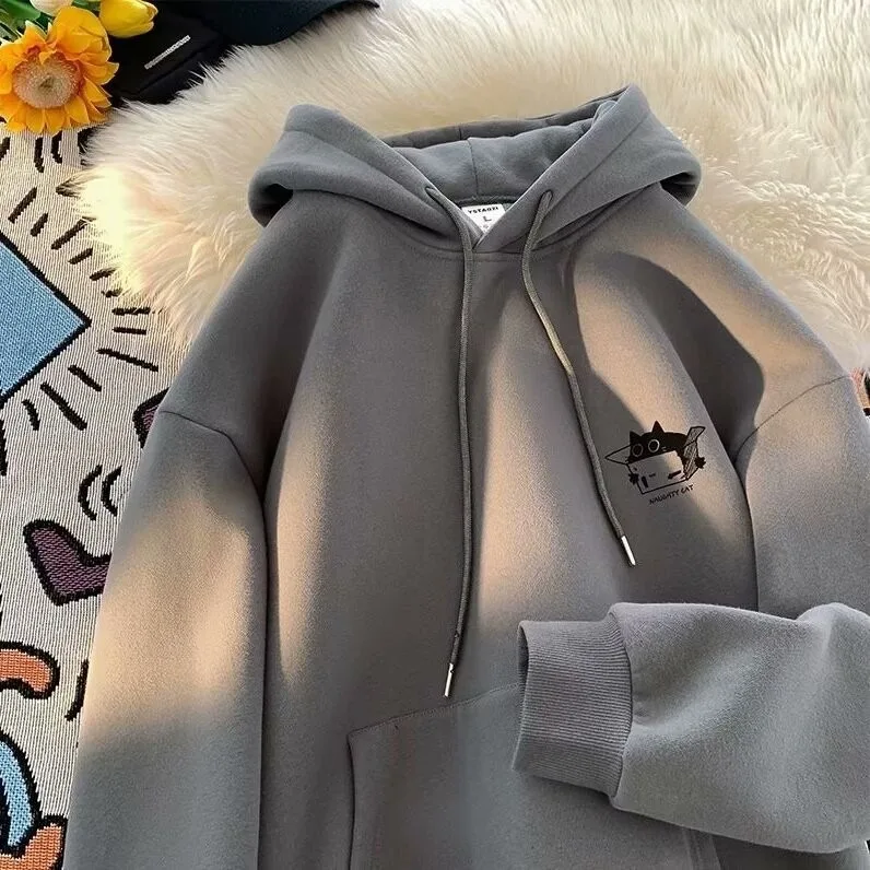 Autumn Loose Women's Pullover Sweatshirt American Style Plus Fleece Men's Hooded Sweatshirt Winter Versatile Cartoon Top for Man