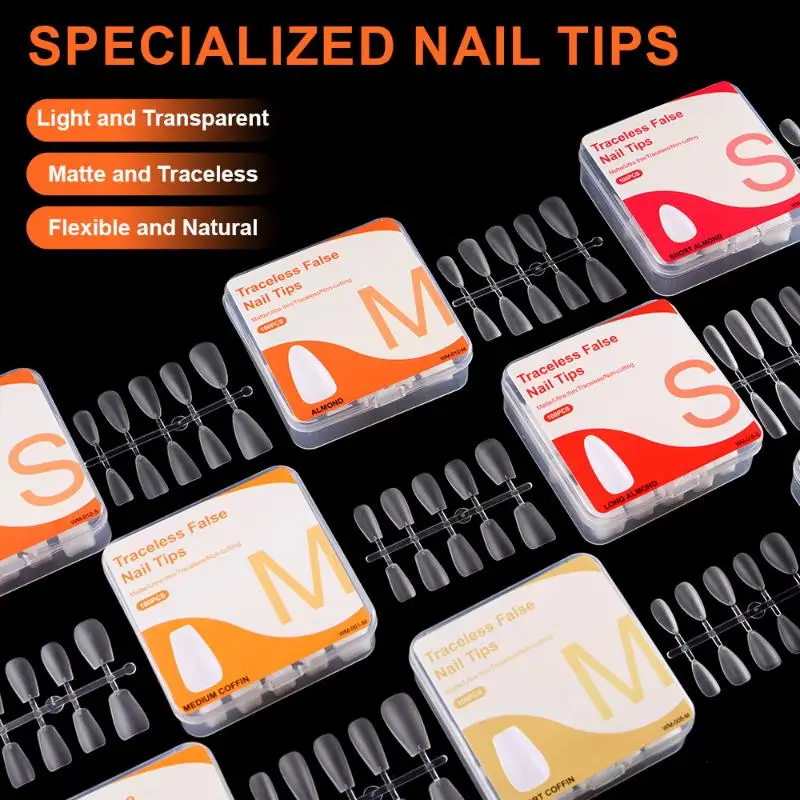 100Pcs Single Size Full Cover False Nail Tips Clear Press On The Tip Nail Extension Short Trapezoid Rllipse Almond Style