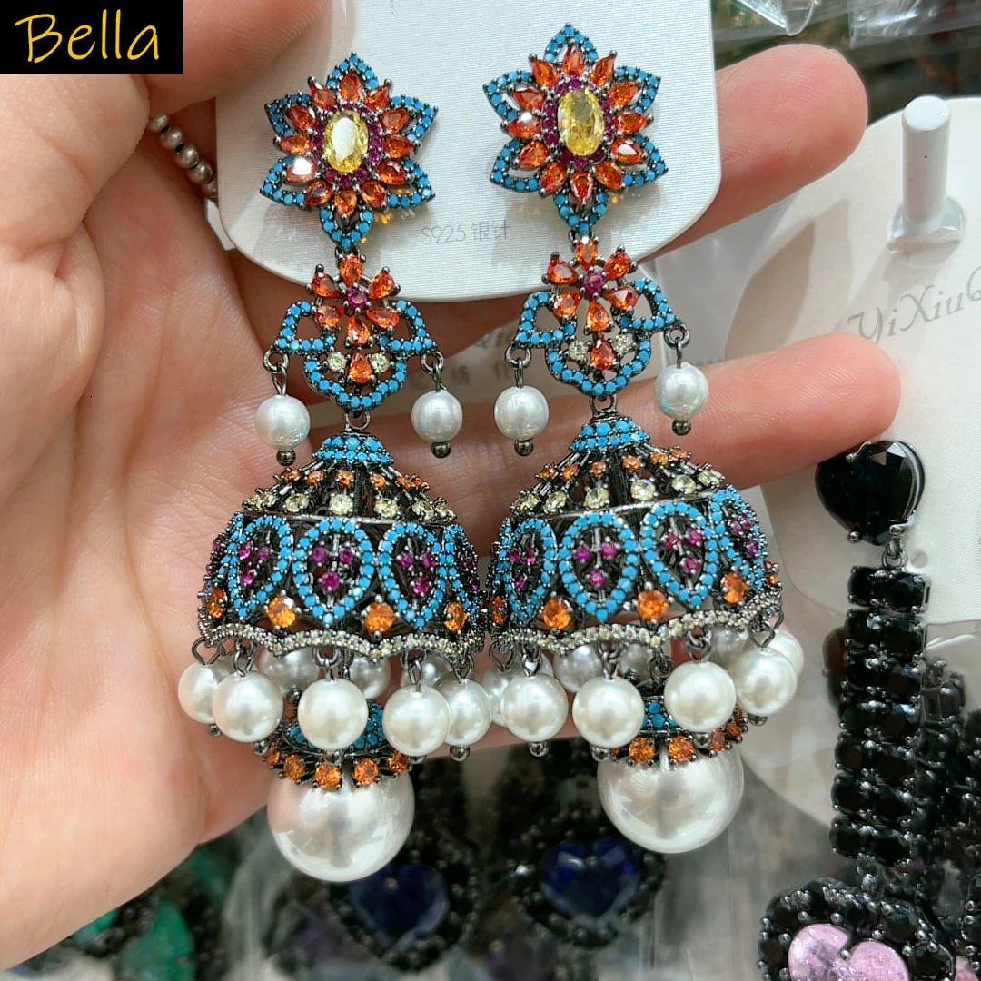 

large long dangling earrings luxury jewelry zirconia blue gold silver color flower bell earrings pearls drop earrings party