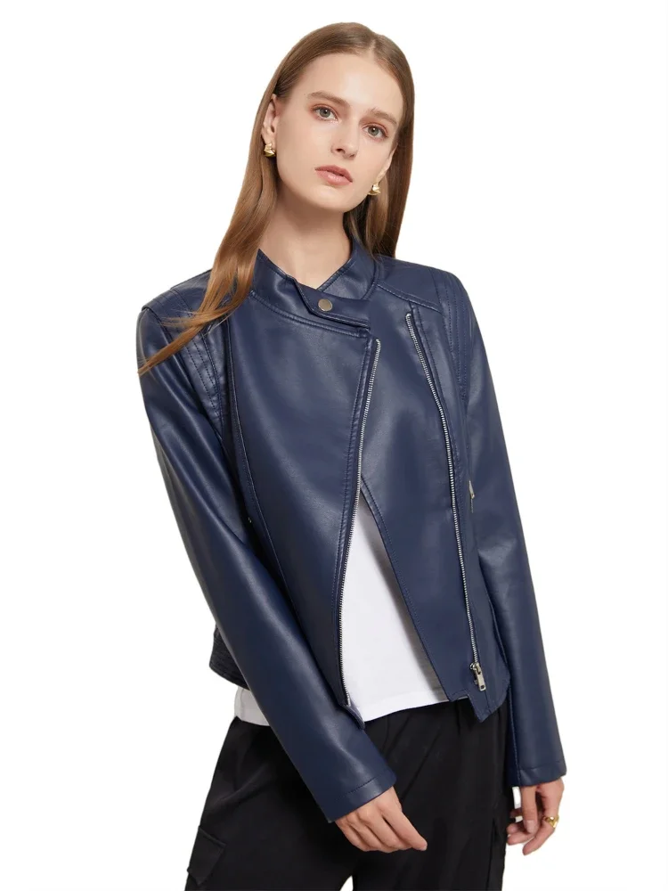 Veste courte en similicuir PU pour femme, manches longues, coupe couvertes, fermeture éclair, revers fin, polyester, printemps, automne, nouveau, 2024