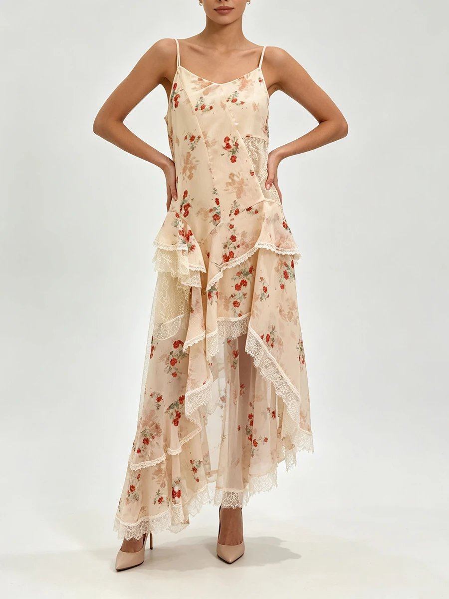 TWOTWINSTYLE Flower Spliced Lace Colorblock Loose Maxi Dress for Women V Neck Sleeveless Patchwork Zip Straps Dresses Female New