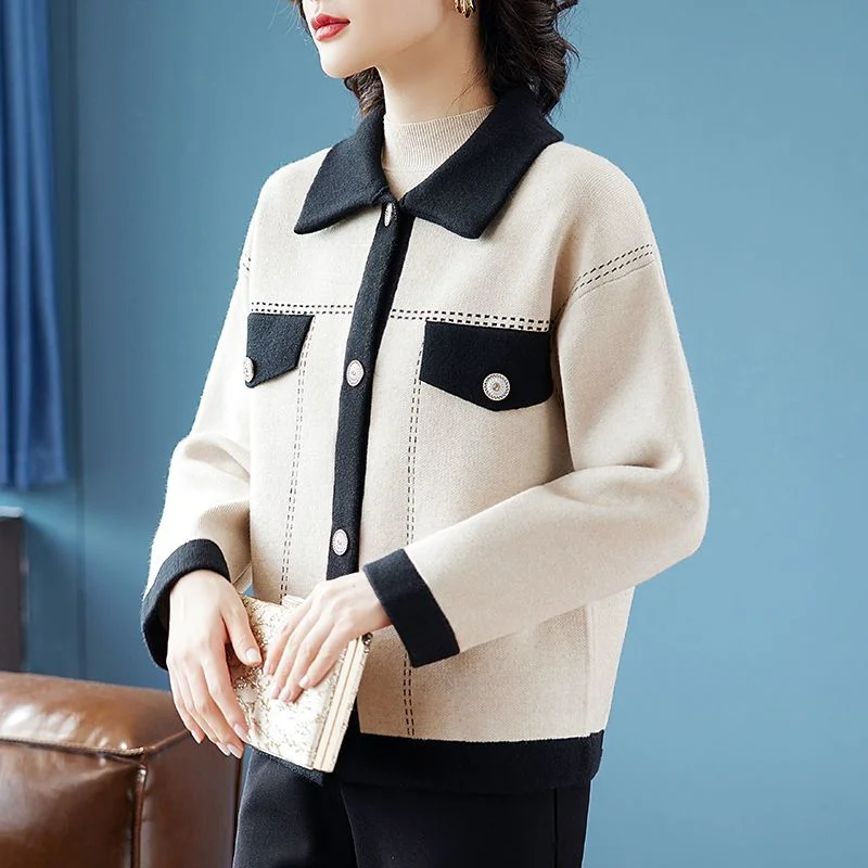 

Women's Button Long-sleeved Cardigan Contrast Color Lapel Casual Stylish Jacket Top