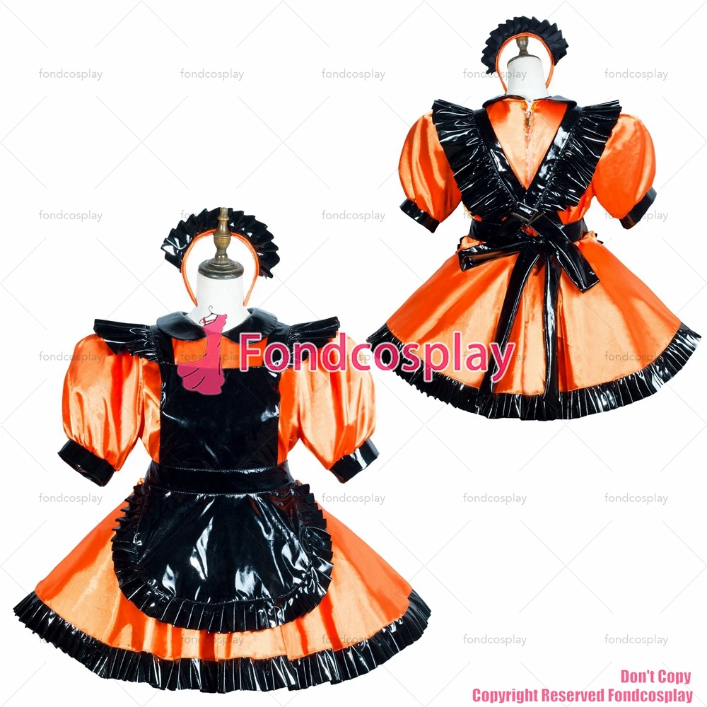 

fondcosplay adult sexy cross dressing sissy maid short Orange satin dress black pvc apron lockable Uniform CD/TV[G3769]