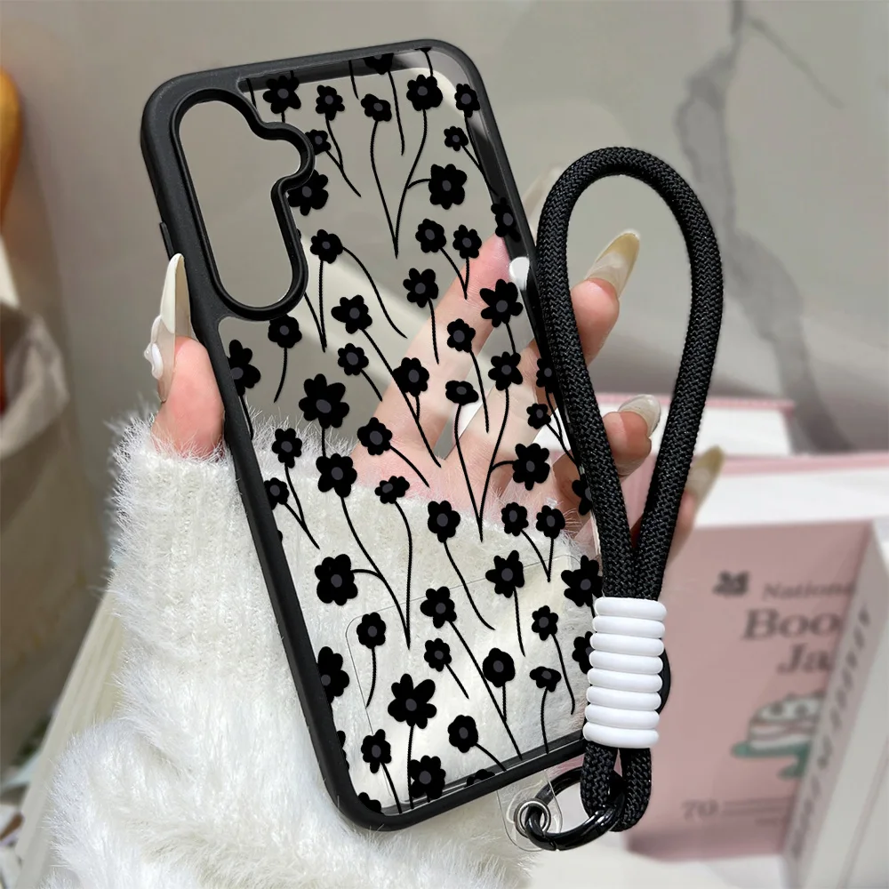 Black Floral Phone Case For Samsung S26 Ultra S25 A56 A36 A07 A17 A57 A26 A37 A05 A16 Transparent Protective Cover with Lanyard