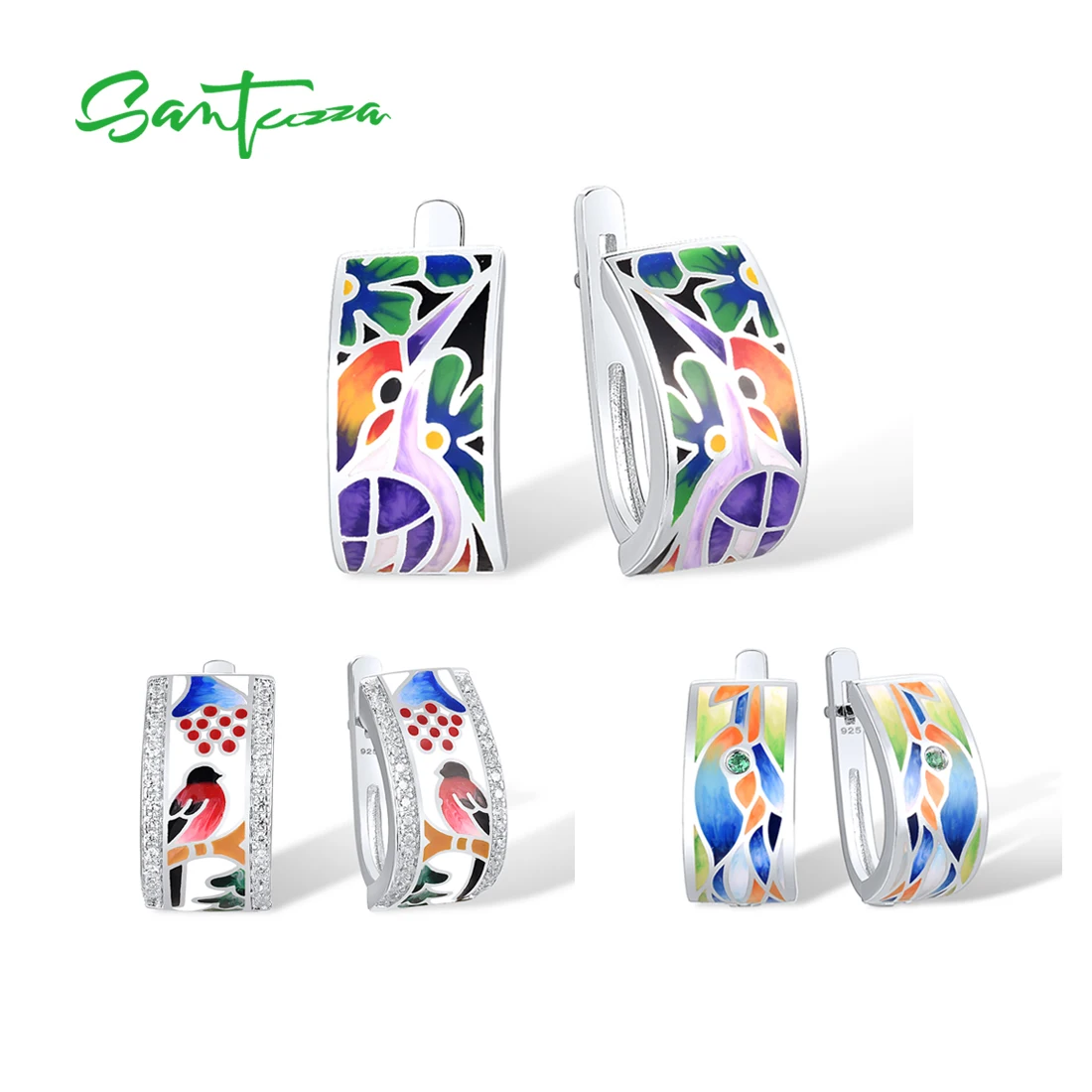 

SANTUZZA серебряные серьги для женщин, натуральное серебро 925 пробы, белые серьги с фианитом и птицей, эмалью, нежные ювелирные изделия ручной работы