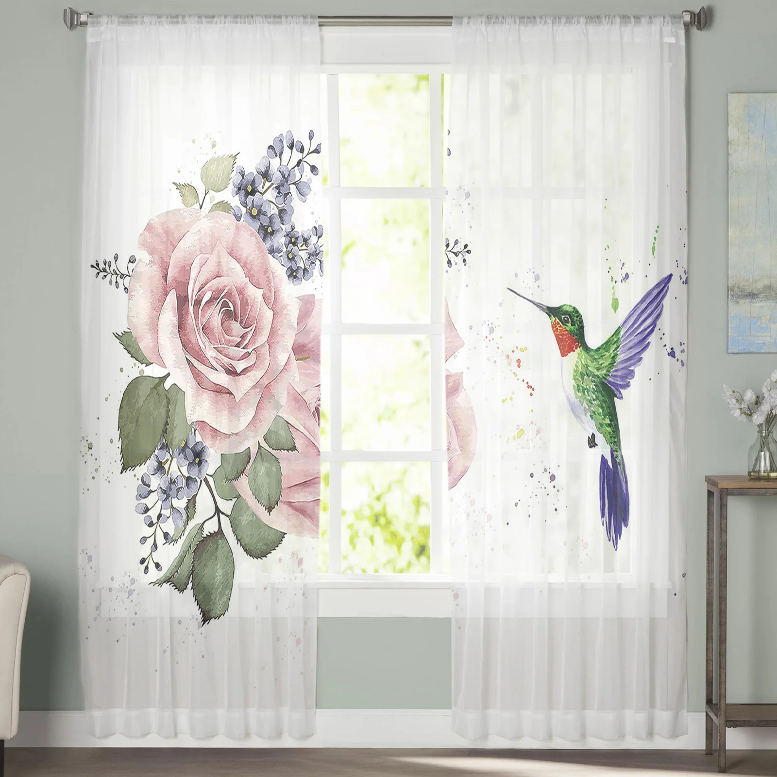 Colorful Hummingbird Blooms Flower Petals Tulle Curtains for Living Room Bedroom Modern Kitchen Sheer Curtains for Voile Curtain