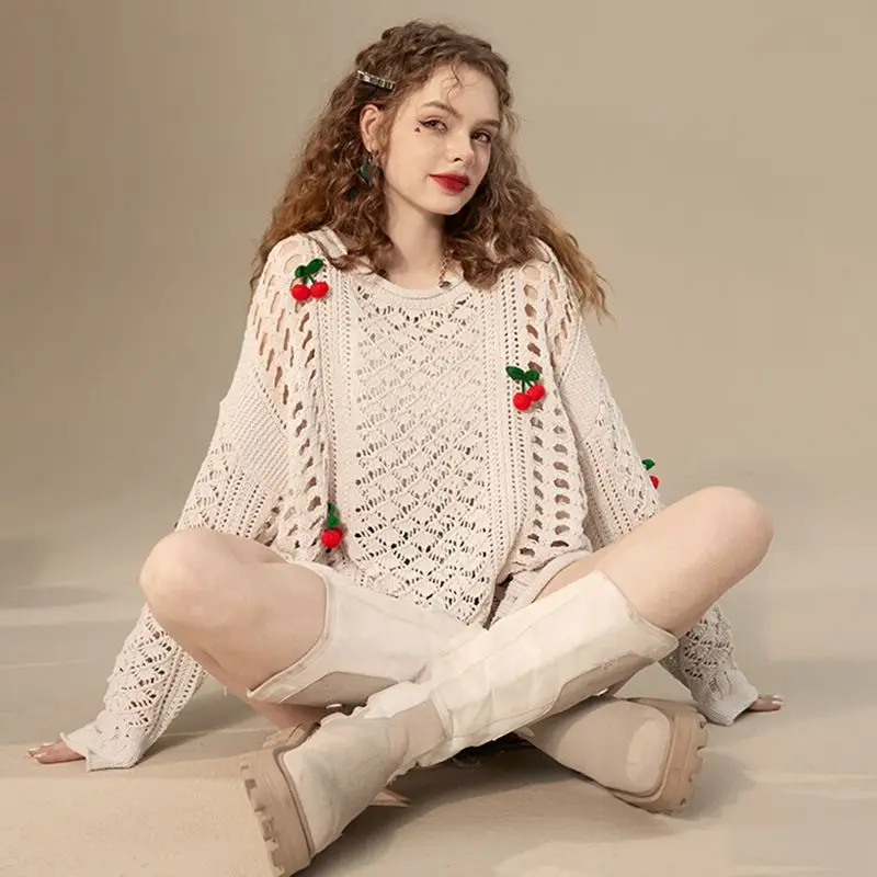 Hikigawa Casual Cheery Hollow Out Women Sweaters O Neck Long Sleeve Pullovers Chic Fashion All Match Sweet Knitted Jumpers