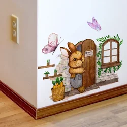 New Creative Hare Cute Bunny Butterfly Wall Sticker Breaking Out The Door Living Room Bedroom Creative Decorative Wall Sticker
